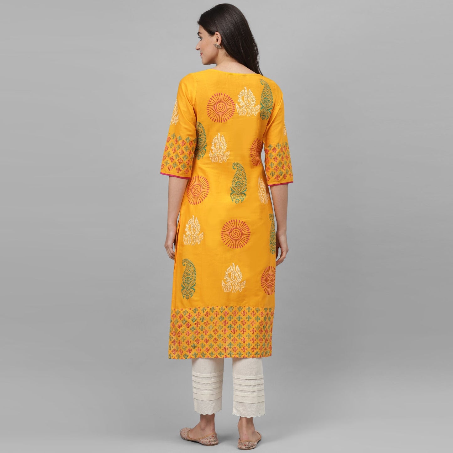 Maai Rayon Hand Printed Kurta Yellow