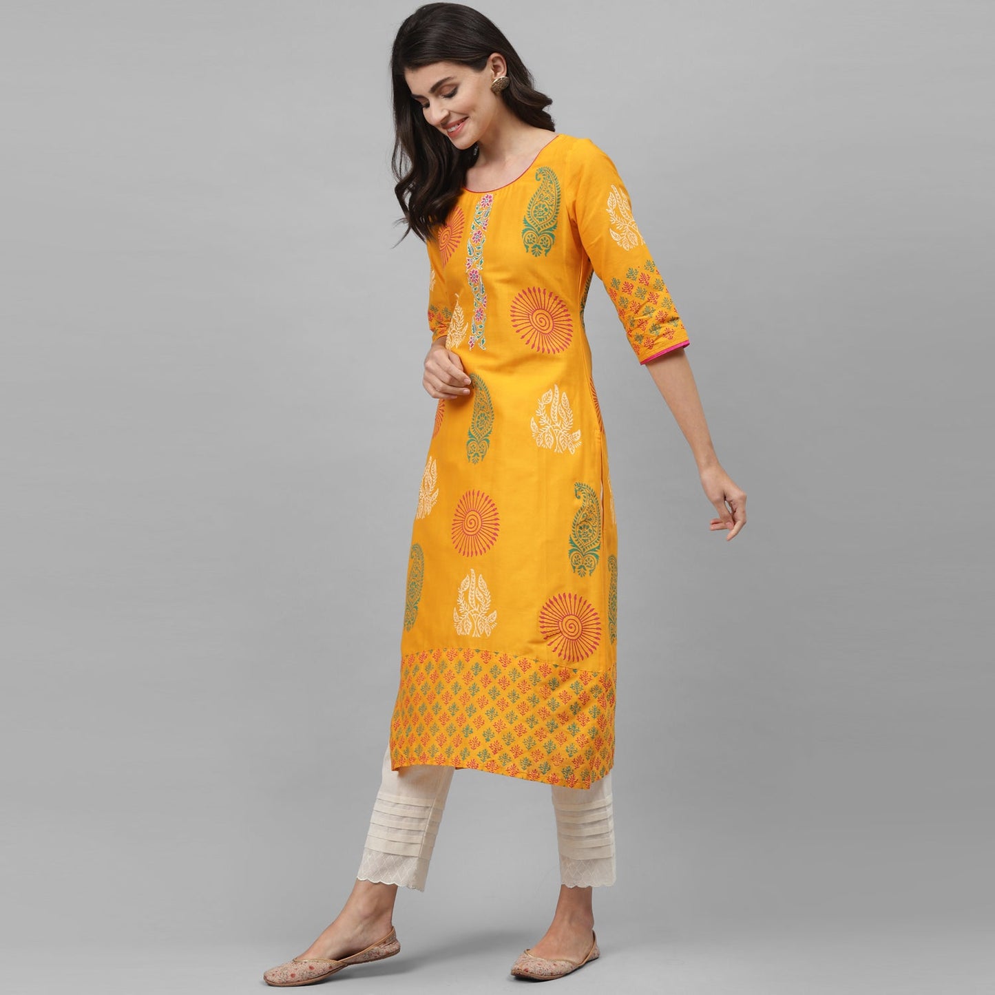 Maai Rayon Hand Printed Kurta Yellow