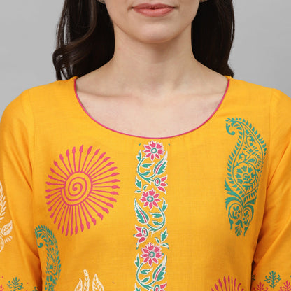 Maai Rayon Hand Printed Kurta Yellow