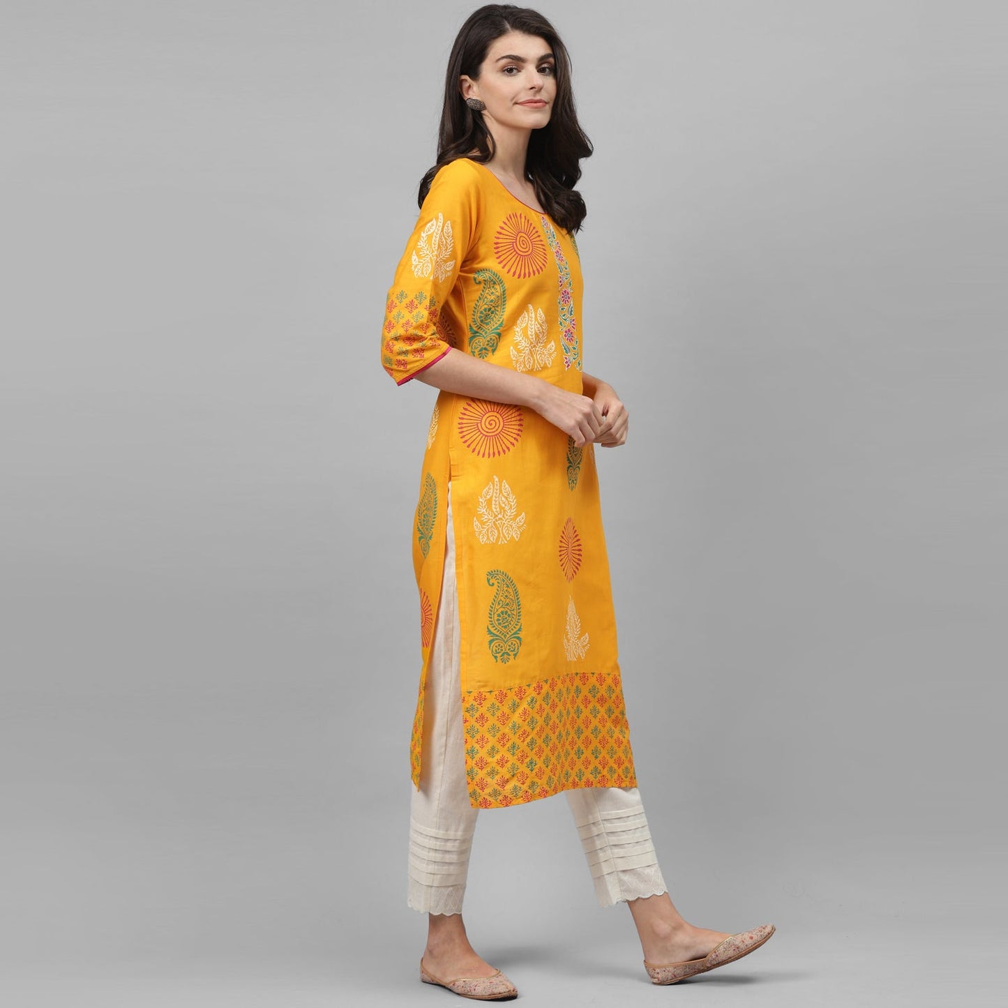 Maai Rayon Hand Printed Kurta Yellow