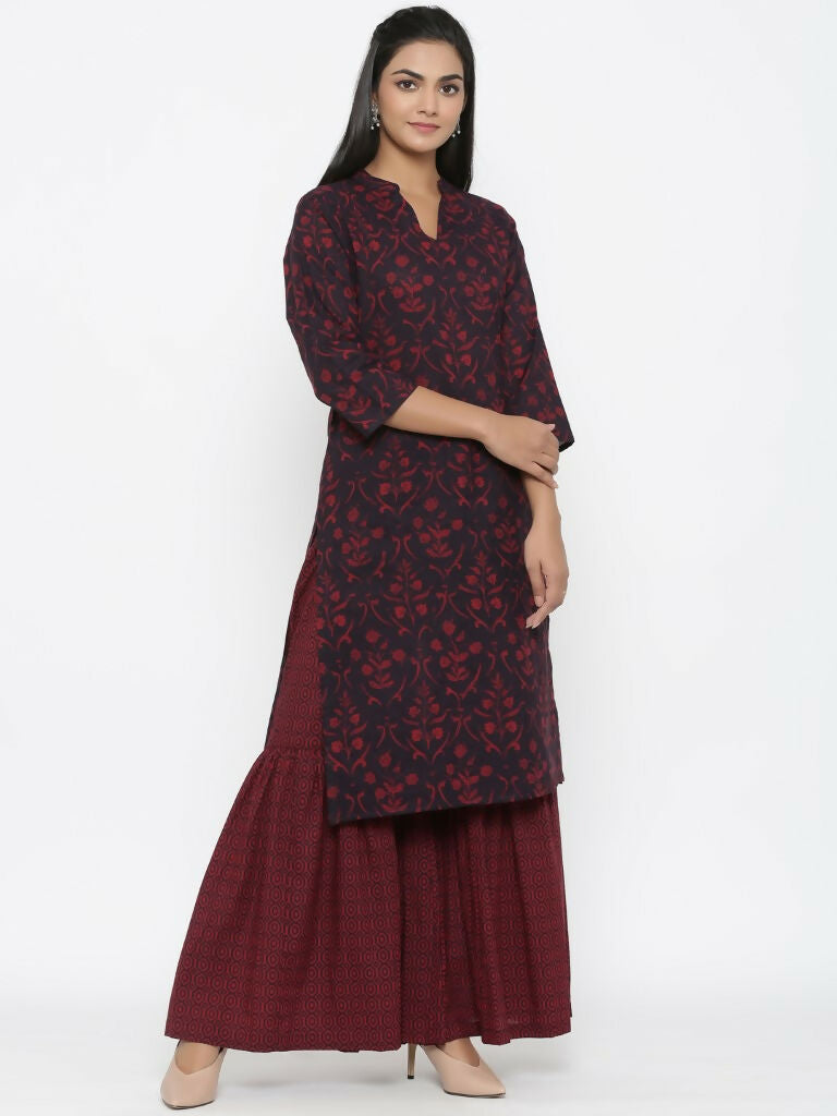 Miravan Women's Cotton Floral Print Straight Kurta Sharara Set