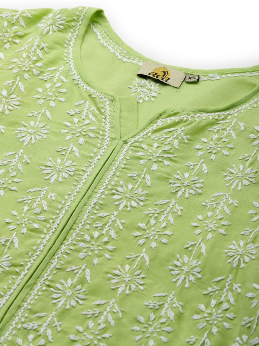 ADA Women Green & White Ethnic Motifs Chikankari Hand Embroidered Sustainable Kurta