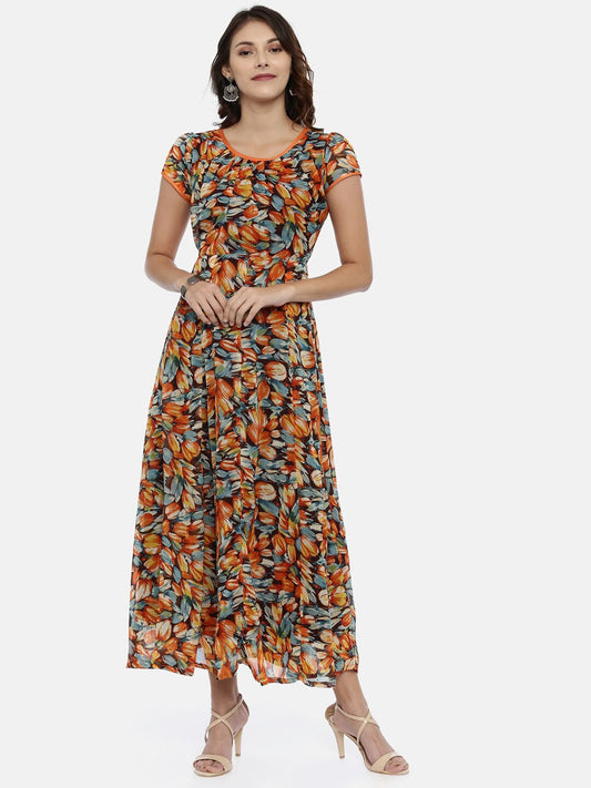 Souchii Black Printed Fit and Flare Dress For Women