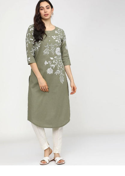 Maai Rayon Hand Printed Kurta Green