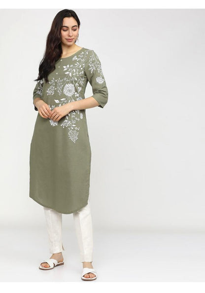 Maai Rayon Hand Printed Kurta Green