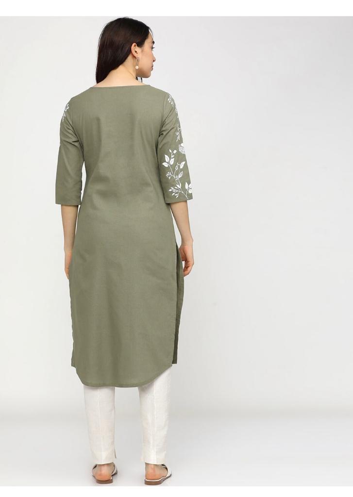 Maai Rayon Hand Printed Kurta Green