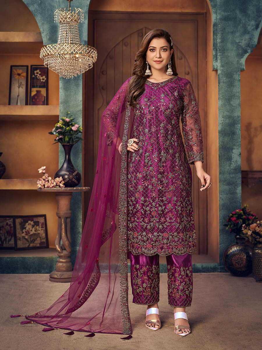 Myra Wine Heavy Embroidered Pant Style Suit