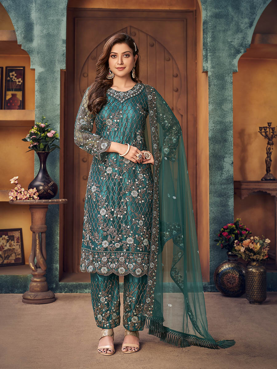 Myra Rama Green Heavy Embroidered Pant Style Suit