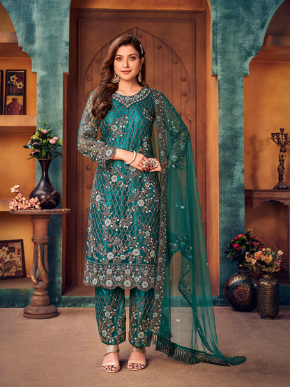Myra Rama Green Heavy Embroidered Pant Style Suit
