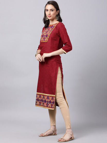 Souchii Maroon & Yellow Thread Work Grandeur & Majestic Artwork Cotton Kurta