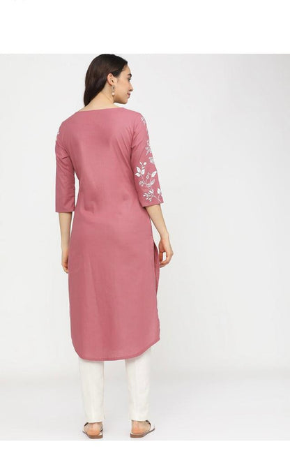 Maai Rayon Hand Printed Kurta Pink