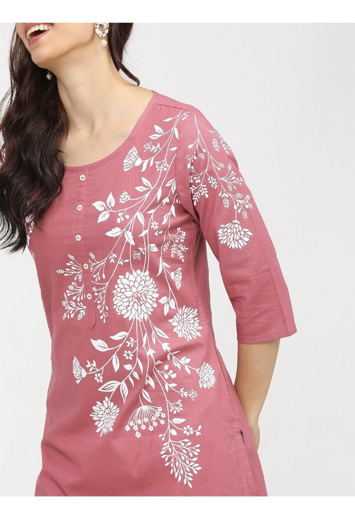 Maai Rayon Hand Printed Kurta Pink