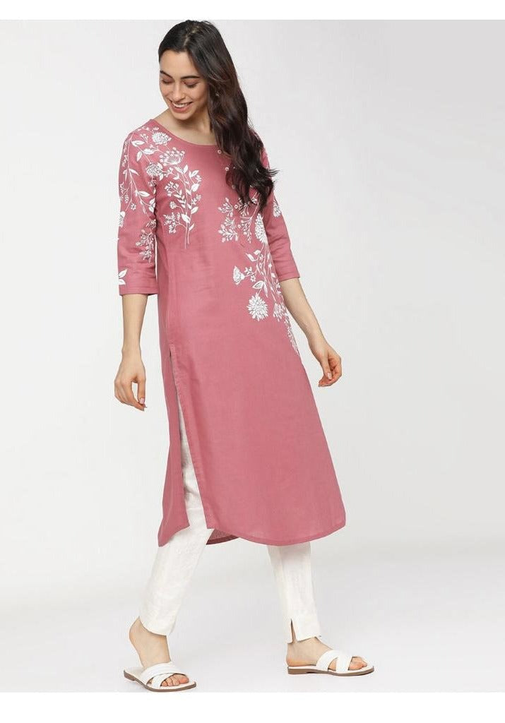 Maai Rayon Hand Printed Kurta Pink