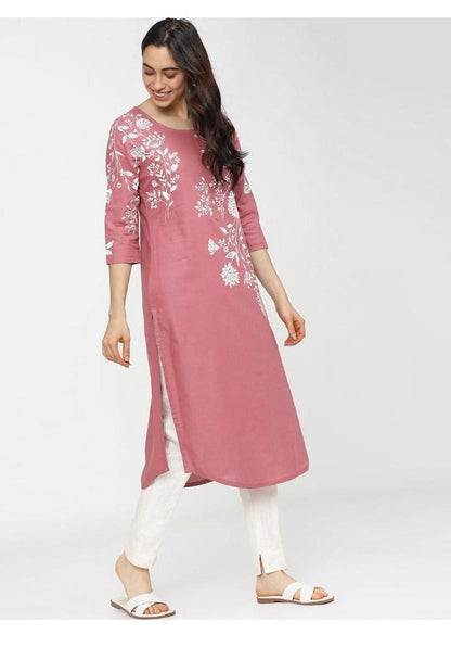 Maai Rayon Hand Printed Kurta Pink