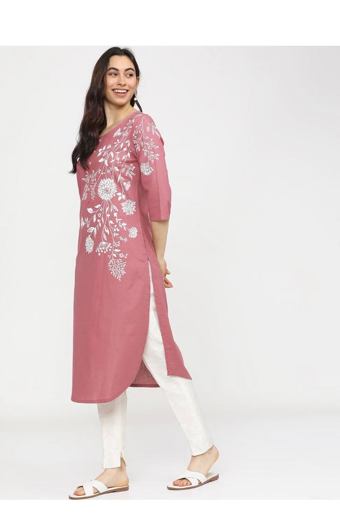 Maai Rayon Hand Printed Kurta Pink