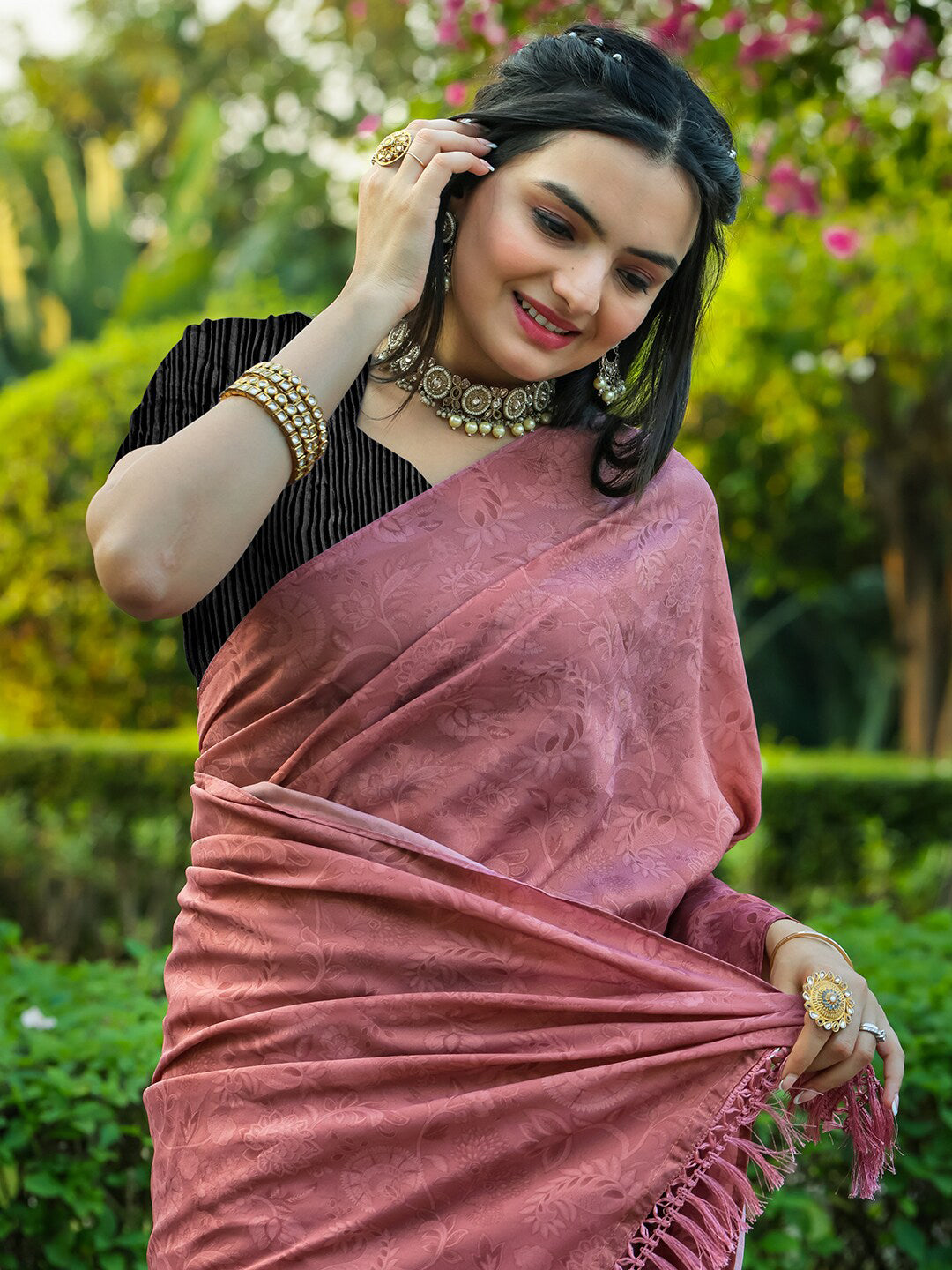 Tikhi Imli Floral Printed Embossed Ready to Wear Saree