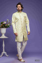 Raivat Ethnic Banarasi Jacquard Embroidery Semi Indo Western Sherwani In Pista Green Colour