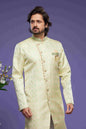 Raivat Ethnic Banarasi Jacquard Embroidery Semi Indo Western Sherwani In Pista Green Colour