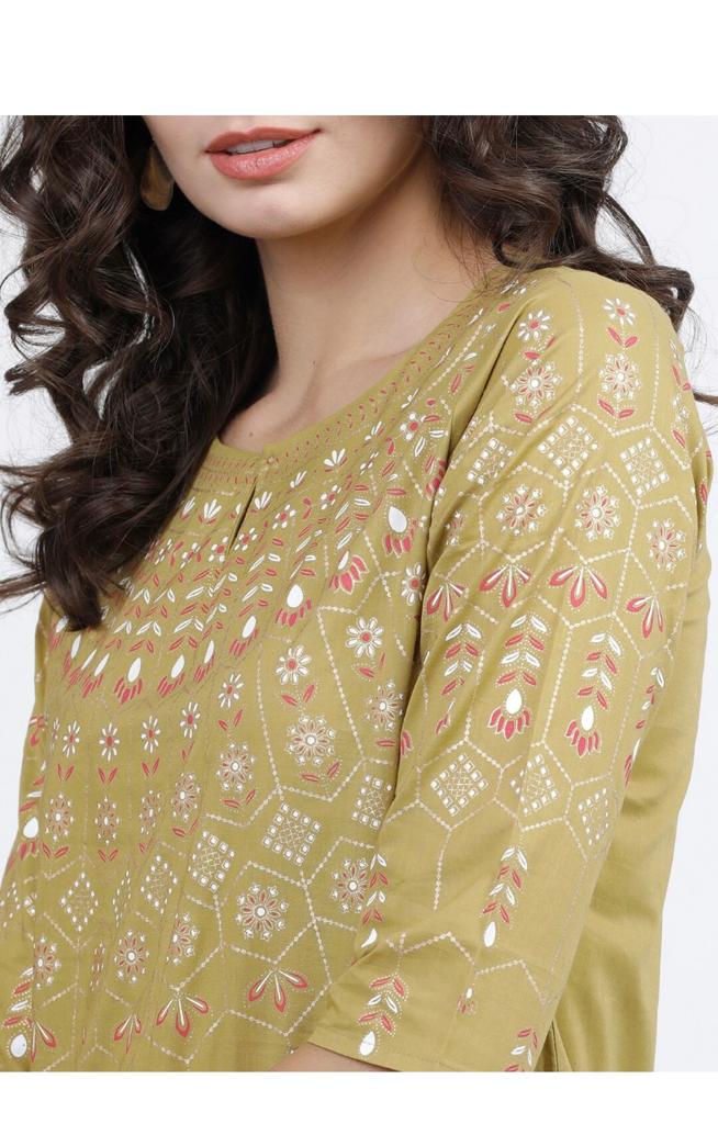 Maai Rayon Hand Printed Kurta Mustard