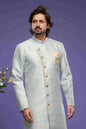 Raivat Ethnic Banarasi Jacquard Embroidery Semi Indo Western Sherwani In Sky Blue Colour