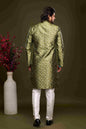 Raivat Ethnic Banarasi Jacquard Embroidery Semi Indo Western Sherwani In Green Colour