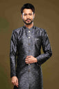 Raivat Ethnic Banarasi Jacquard Embroidery Semi Indo Western Sherwani In Black Colour