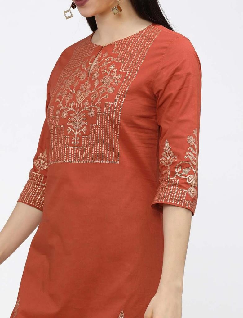 Maai Rayon Hand Printed Kurta Orange