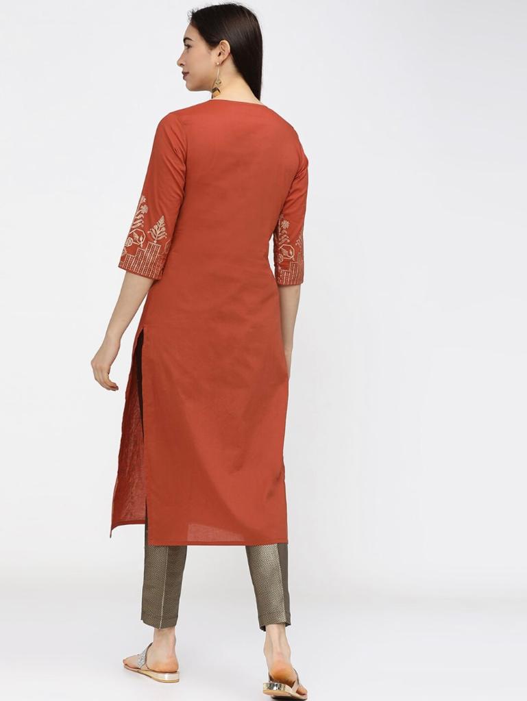Maai Rayon Hand Printed Kurta Orange
