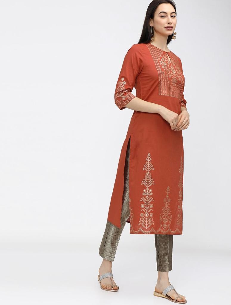 Maai Rayon Hand Printed Kurta Orange