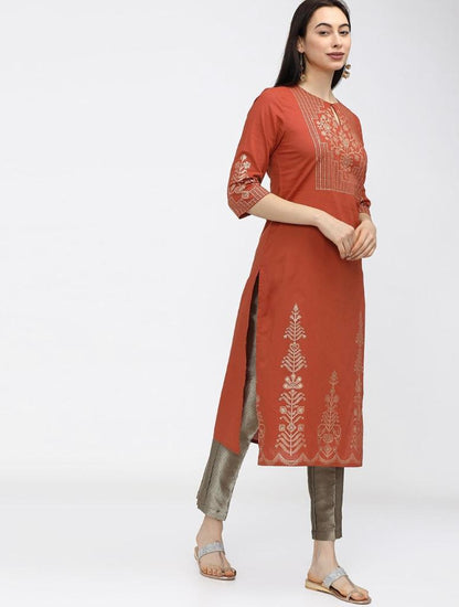 Maai Rayon Hand Printed Kurta Orange