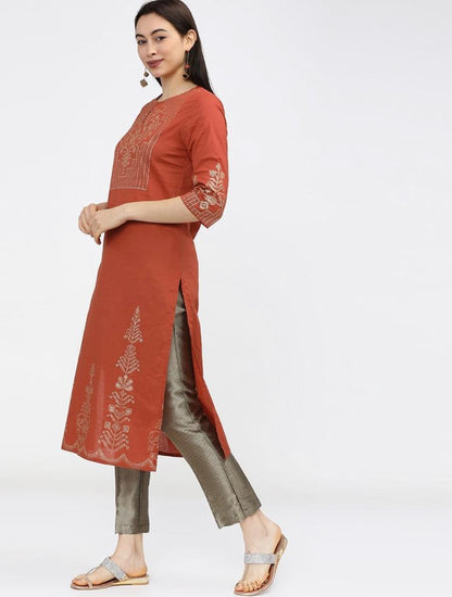Maai Rayon Hand Printed Kurta Orange
