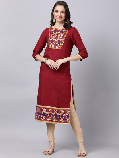 Souchii Maroon & Yellow Thread Work Grandeur & Majestic Artwork Cotton Kurta