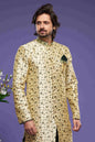 Raivat Ethnic Banarasi Jacquard Embroidery Semi Indo Western Sherwani In Gold Colour