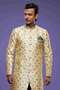 Raivat Ethnic Banarasi Jacquard Embroidery Semi Indo Western Sherwani In Gold Colour