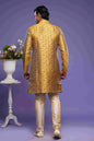 Raivat Ethnic Banarasi Jacquard Embroidery Semi Indo Western Sherwani In Gold Colour
