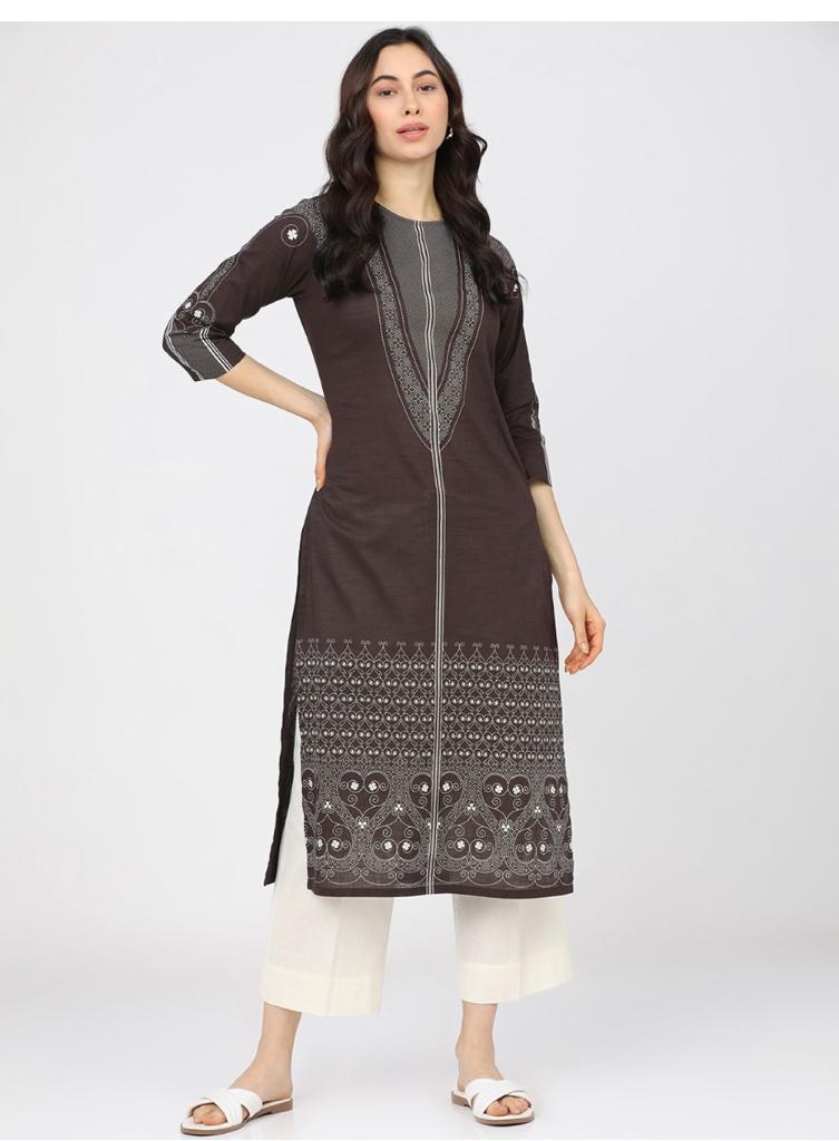 Maai Rayon Hand Printed Kurta Brown