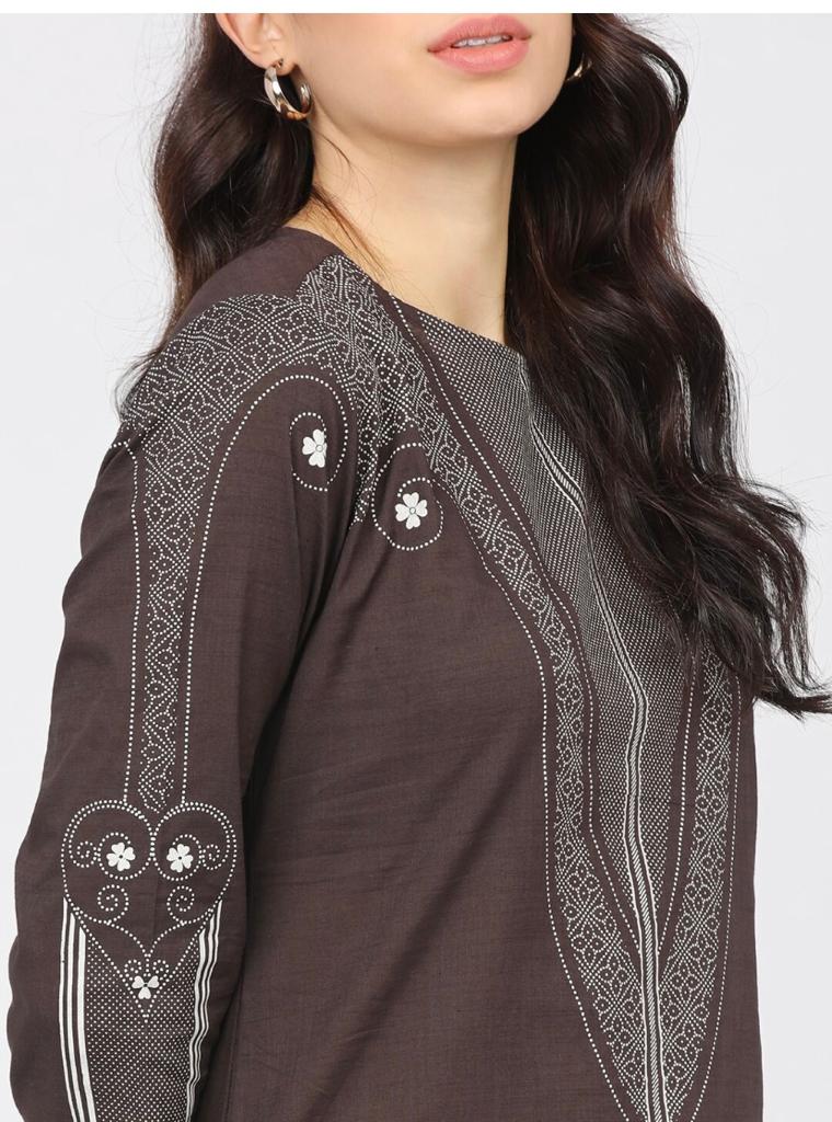 Maai Rayon Hand Printed Kurta Brown