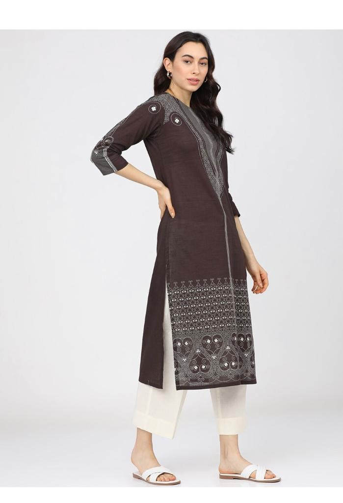 Maai Rayon Hand Printed Kurta Brown
