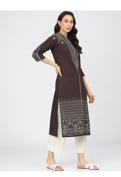 Maai Rayon Hand Printed Kurta Brown