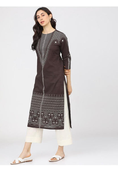 Maai Rayon Hand Printed Kurta Brown