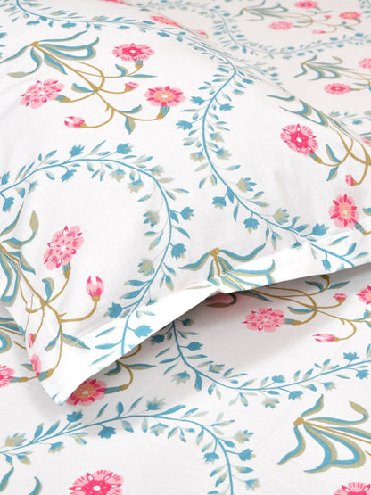 haus & kinder Blossoms Pink & White 186 TC Cotton Queen Bedsheet With 2 Pillow Covers