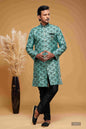 Raivat Ethnic Banarasi Jacquard Embroidery Semi Indo Western Sherwani In Green Colour