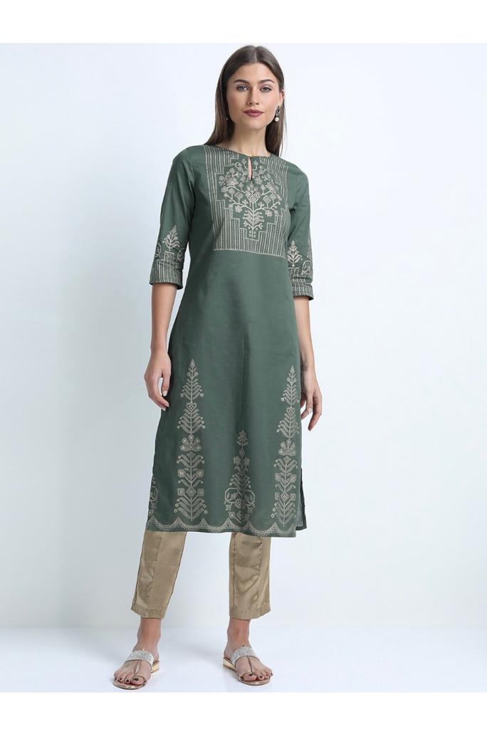 Maai Rayon Hand Printed Kurta Green