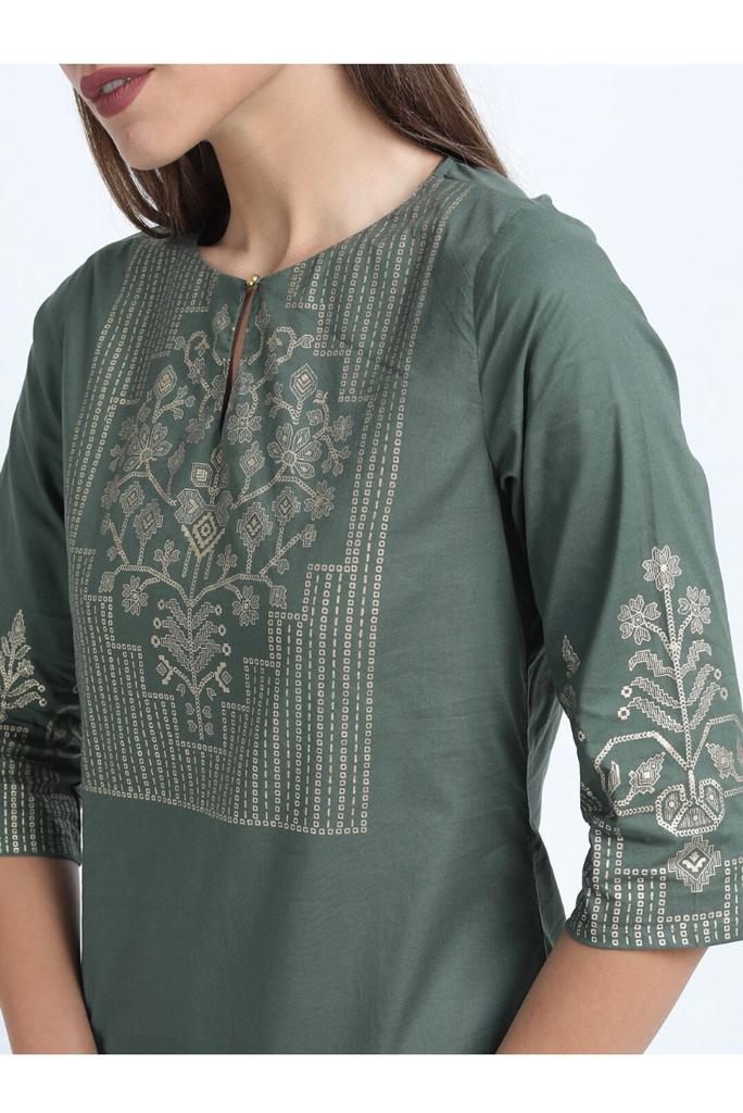 Maai Rayon Hand Printed Kurta Green