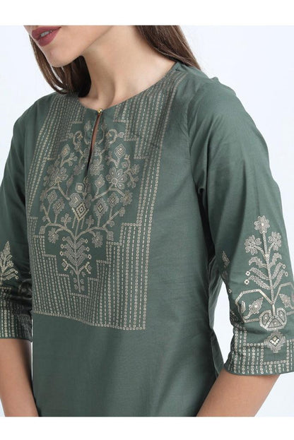 Maai Rayon Hand Printed Kurta Green