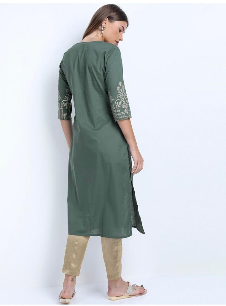 Maai Rayon Hand Printed Kurta Green