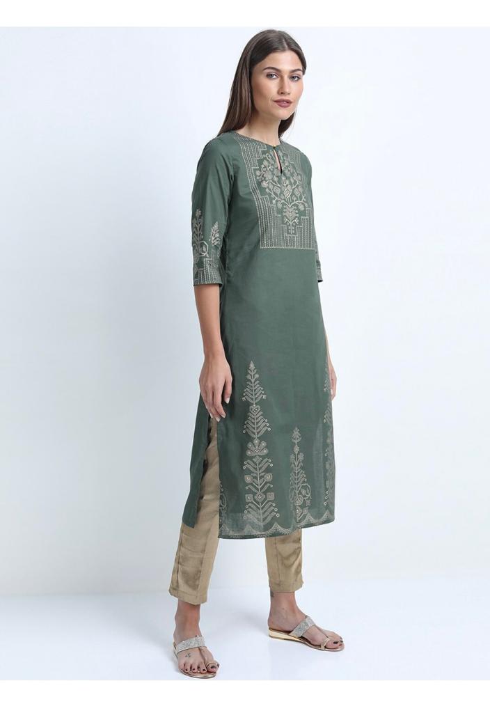 Maai Rayon Hand Printed Kurta Green