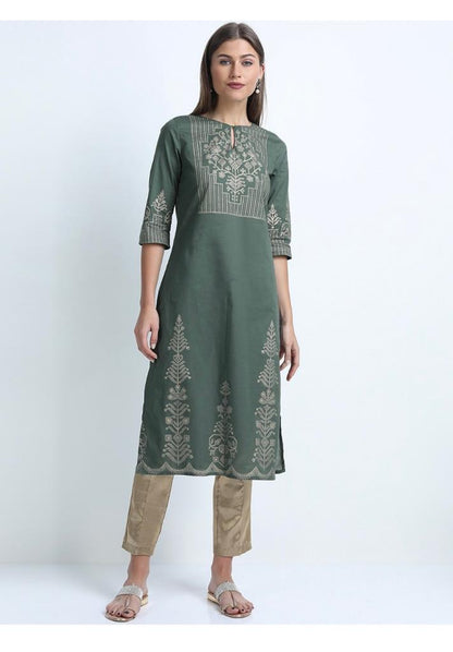Maai Rayon Hand Printed Kurta Green