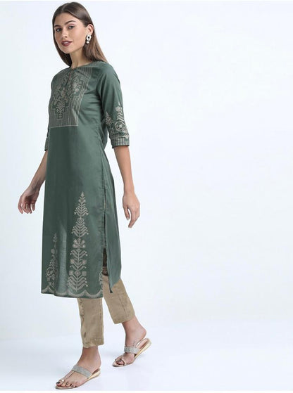 Maai Rayon Hand Printed Kurta Navy