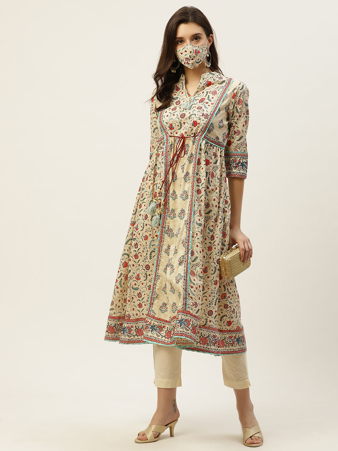 Juniper Womens Beige Cambric Printed Flared Kurta